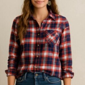 ABERCROMBIE & FITCH Orange Blue Plaid Flannel Button Down Top Small